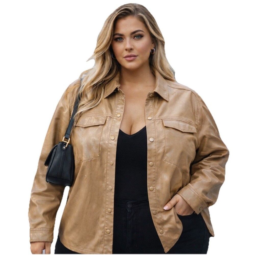 Good American Faux Leather Shirt Jacket Tan Womens 7 Snap Front Overshirt